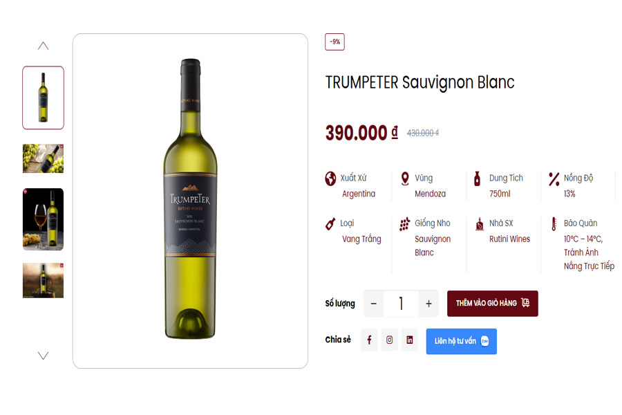 Chai rượu Trumpeter Sauvignon Blanc chính hãng tại Việt Âu Bev