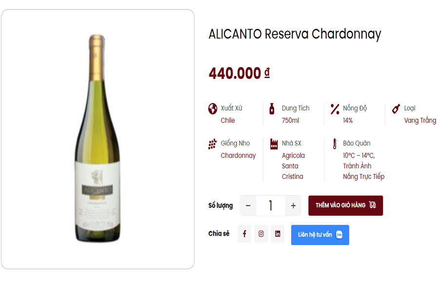 Rượu Alicanto Reserva Chardonnay tại Việt Âu Bev
