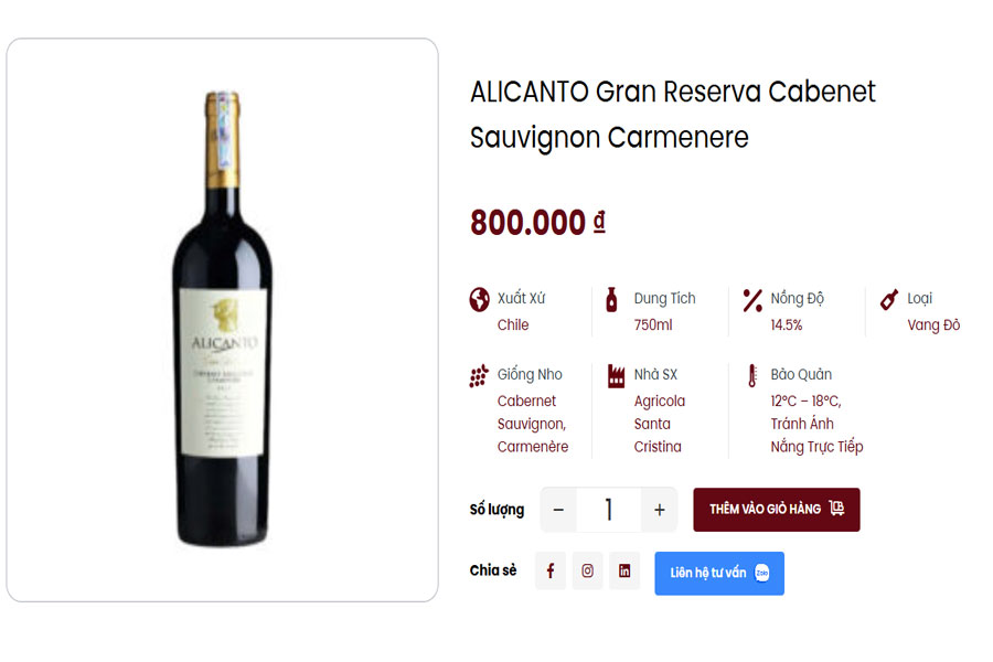 Rượu vang Alicanto Gran Reserva Cabenet Sauvignon Carmenere tại Việt Âu Bev