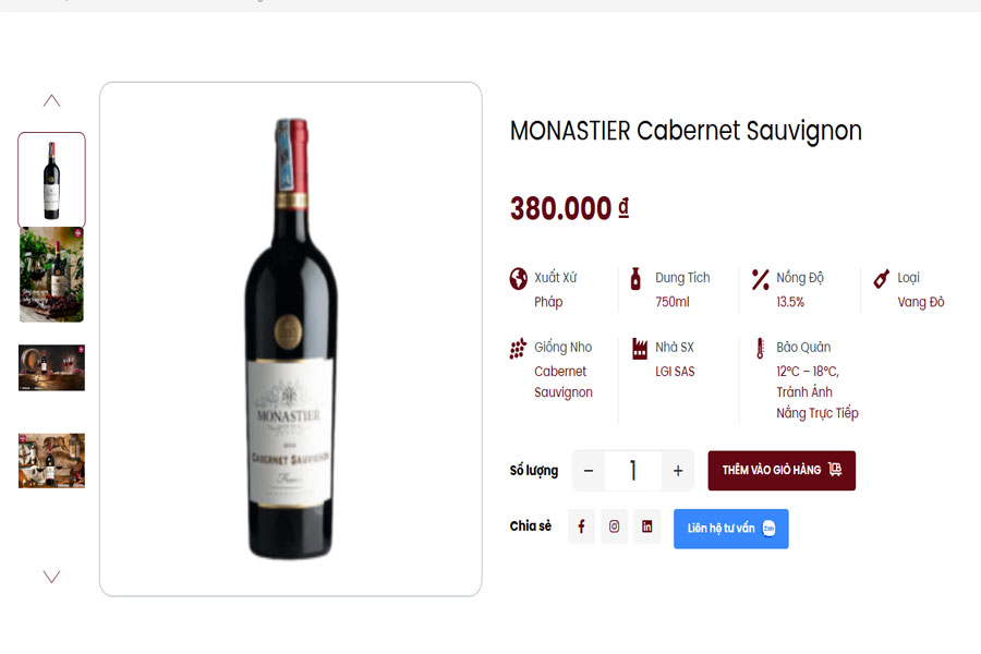 Sản phẩm rượu Monastier Cabernet Sauvignon tiêu chuẩn tại Việt Âu Bev