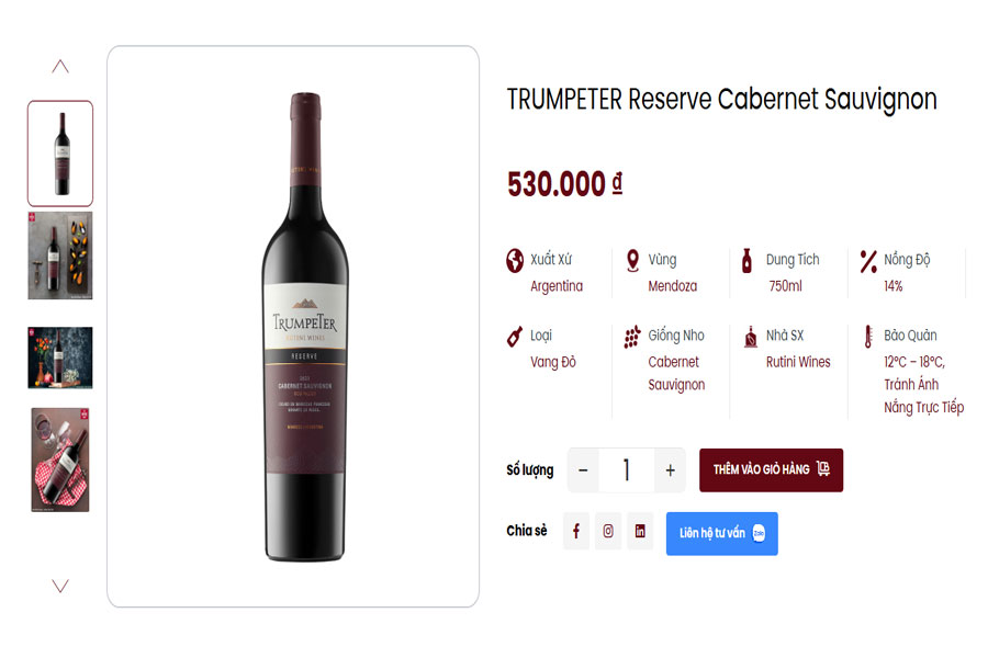 Showroom Việt Âu Bev trưng bày rượu vang Trumpeter Reserve Cabernet Sauvignon chính hãng