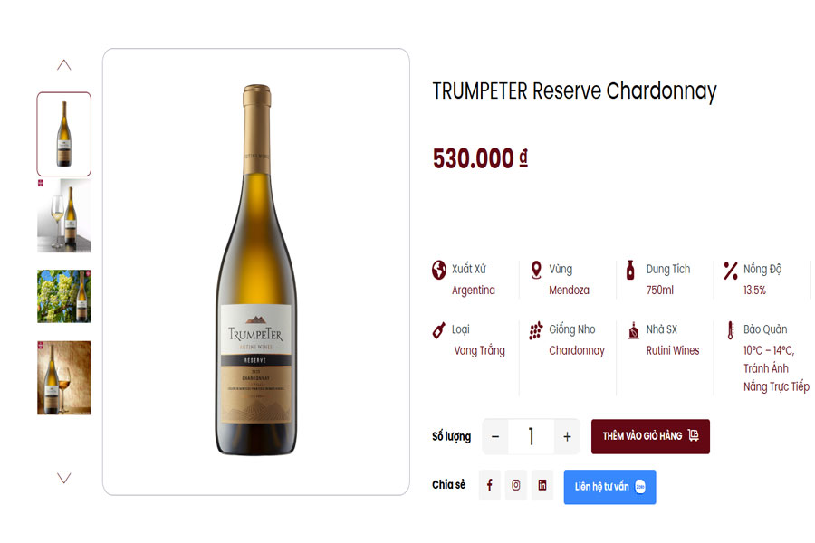Showroom Việt Âu Bev trưng bày rượu vang Trumpeter Reserve Chardonnay chính hãng