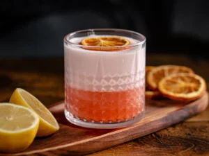 Cocktail Aperol Sour màu hồng cam trang trí cam sấy