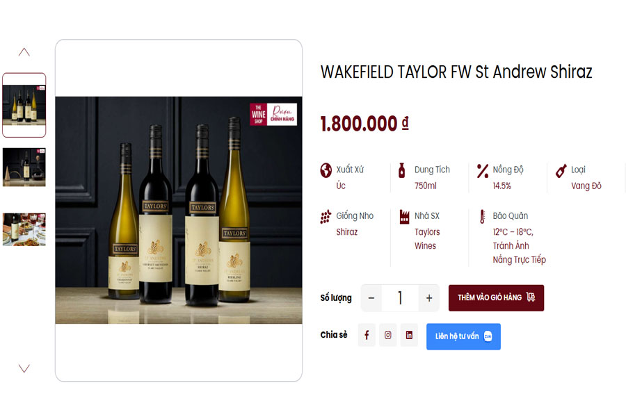 Dòng rượu Wakefield Taylor Fw St Andrew Shiraz đang bán tại Việt Âu Bev