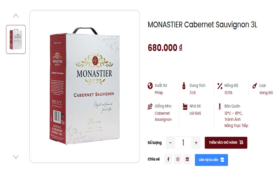 Dòng sản phẩm Monastier Cabernet Sauvignon 3L tại Việt Âu Bev