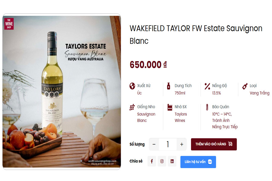 Dòng vang trắng Wakefield Taylor Fw Estate Sauvignon Blanc tại Việt Âu Bev