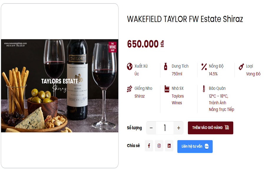 Rượu vang Wakefield Taylor Fw Estate Shiraz tại Việt Âu Bev