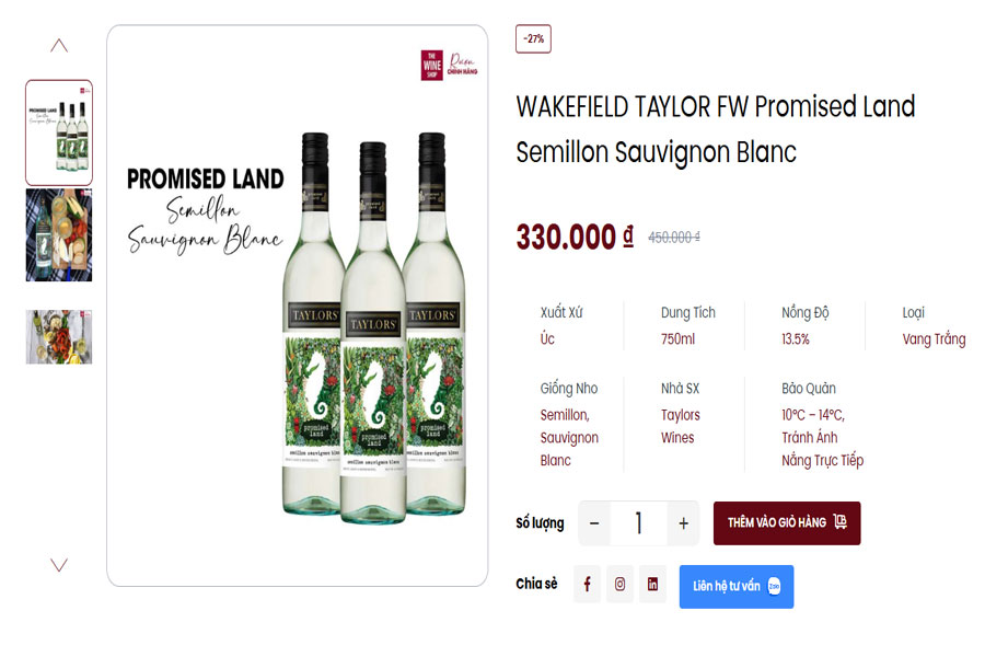 Rượu vang Wakefield Taylor Fw Promised Land Semillon Sauvignon Blanc tại Việt Âu Bev