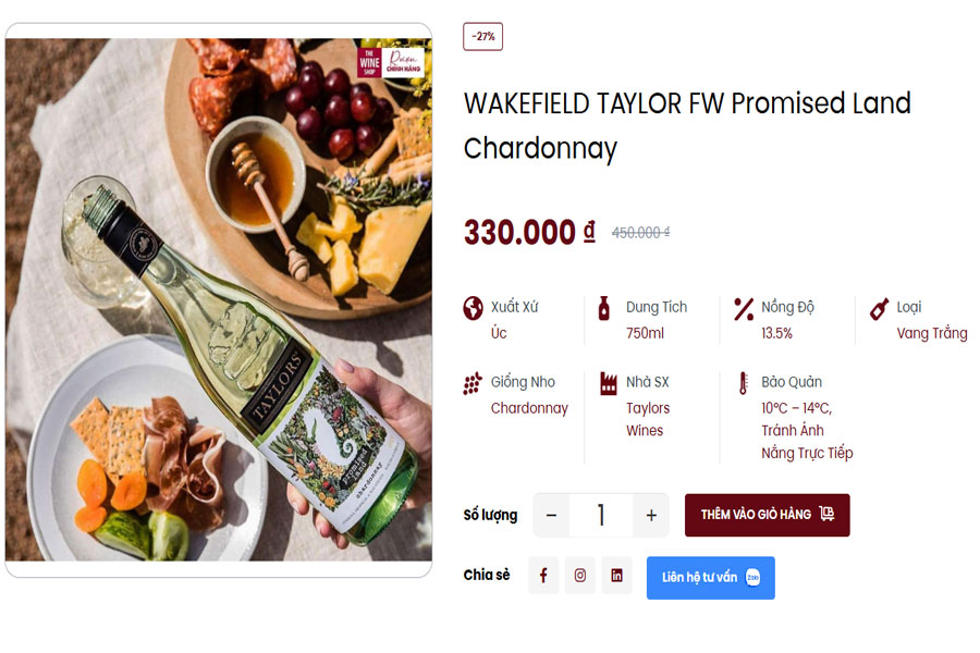 Rượu Wakefield Taylor Fw Promised Land Chardonnay tại Việt Âu Bev