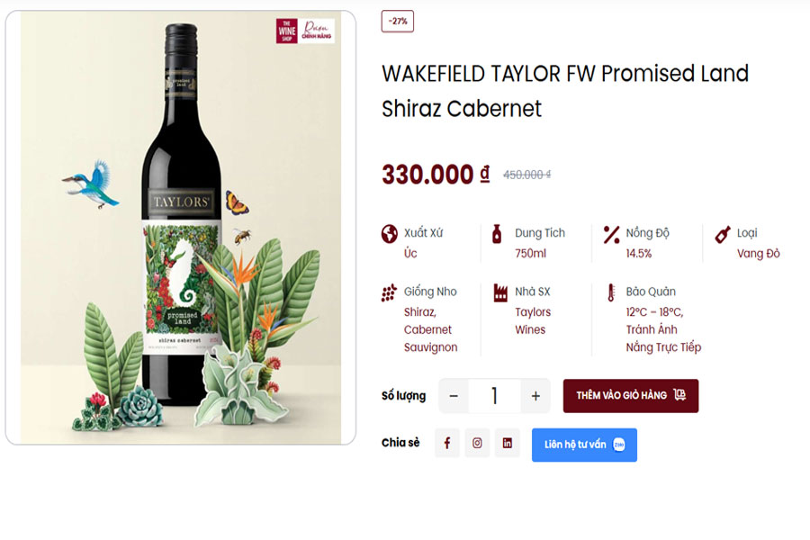 Rượu Wakefield Taylor Fw Promised Land Shiraz Cabernet tại Việt Âu Bev