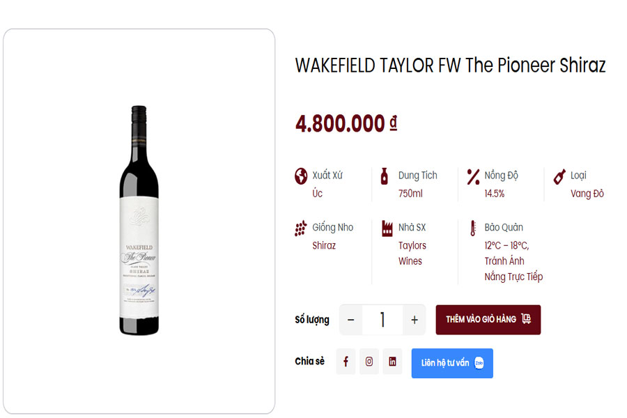 Rượu Wakefield Taylor Fw The Pioneer Shiraz tại Việt Âu Bev