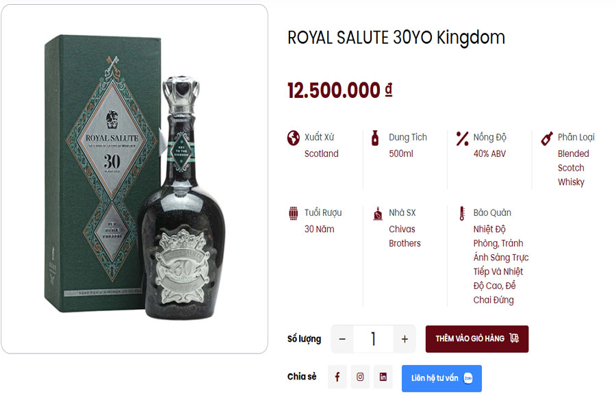 Sản phẩm Royal Salute 30YO Kingdom tại Việt Âu Bev