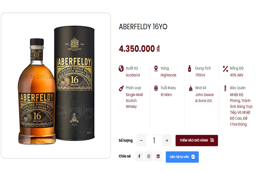 Dòng rượu Aberfeldy 16YO hiện có tại Việt Âu Bev