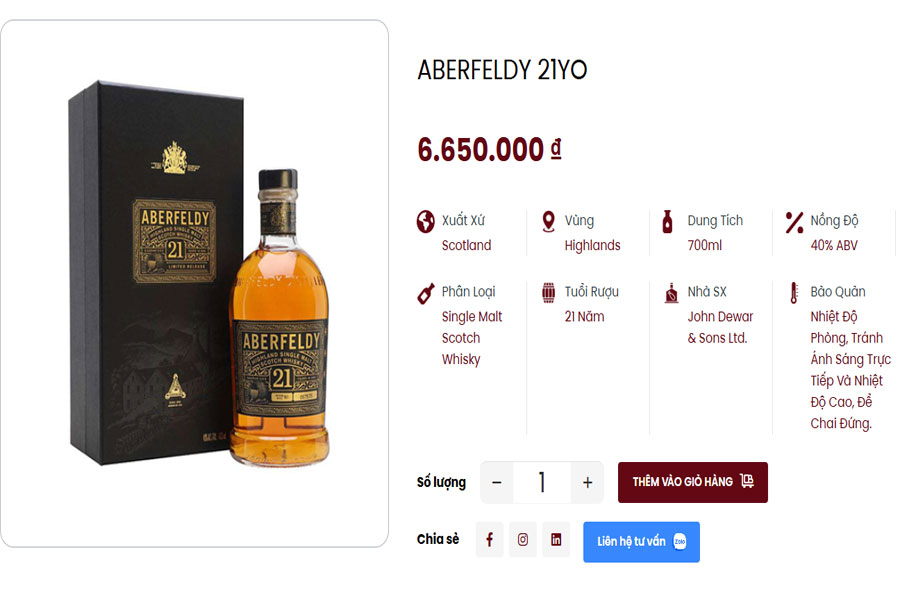 Rượu Aberfeldy 21YO hiện có tại Việt Âu Bev