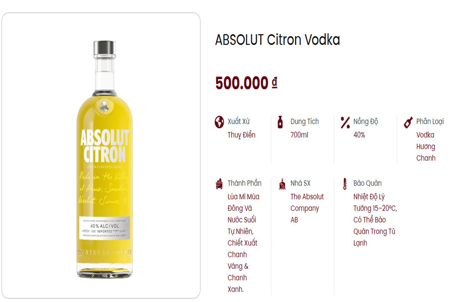Rượu Absolut Citron Vodka tại Việt Âu Bev